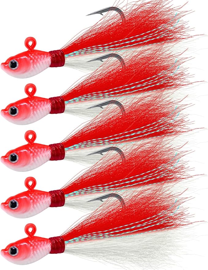 Alwonder 5-Pack Bucktail Jigs Hair Jigs Saltwater Freshwater Fishing Bucktail Lures Surf Fishing Jig Heads White Luminous Chartreuse Swimbait Jig for Bass Flounder Striper Bluefish Halibut Redfish