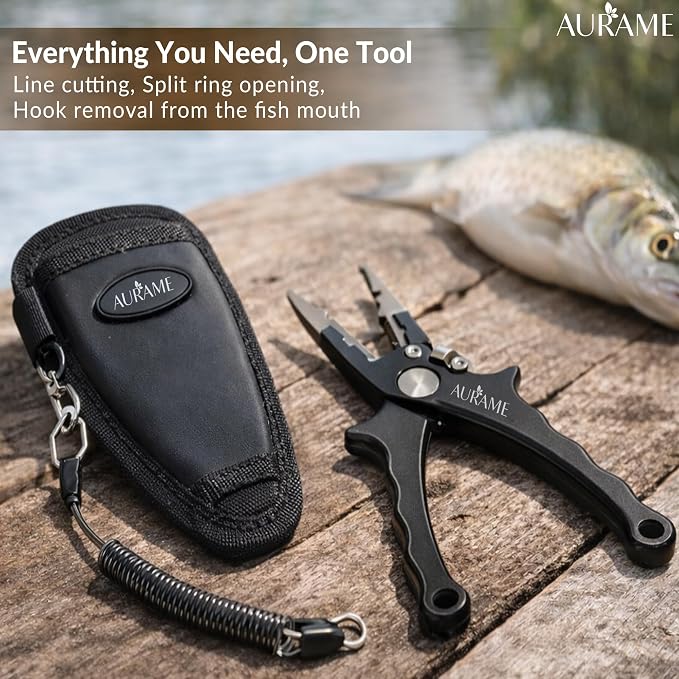 Fishing Pliers Saltwater Resistant Aluminum – Split Ring Pliers & Hook Remover Tool – 6.7in Braid Line Cutter, Sheath & Lanyard – Professional Fishing Tools Kit for Fresh & Salt Water