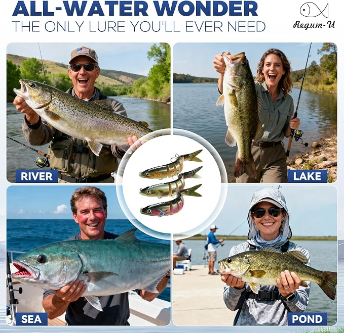 Crown Fishing Lures 8 Segment Realistic Swimbait with 3D Eyes Vibrating Actions,Smooth Lifelike Swimming for More Bites,Reinforced Fiber Joint,Durable Unbreakable Fishing Lure for Various Fish