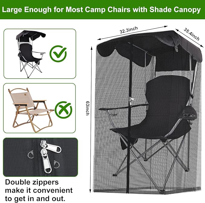 63"H Mosquito Net Cover for Canopy Chair, Bug Barrier Mosquitos Mesh Tent Black Chair Mosquito Netting with Zipper Opening 35"X32" Waterproof Roof for Fishing Camping Chair Outdoor, Chair Not Included