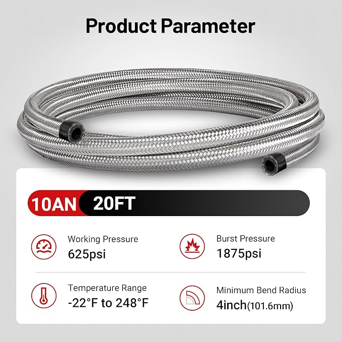 EVIL ENERGY 10AN Fuel Line Kit 20FT, 10AN Hose Stainless Steel Braided Fuel Line Hose Fitting Kit CPE, Silver