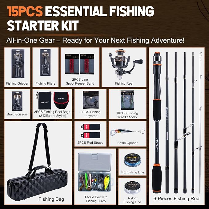 Goture Spinning Fishing Rod & Reel Combo with Carrier Bag,6.6-9FT,Spin Reels, Lures Kit, Pliers, Braided Line, Fish Gripper, Carbon Fiber Freshwater Fishing Rod Full Kit for Starter