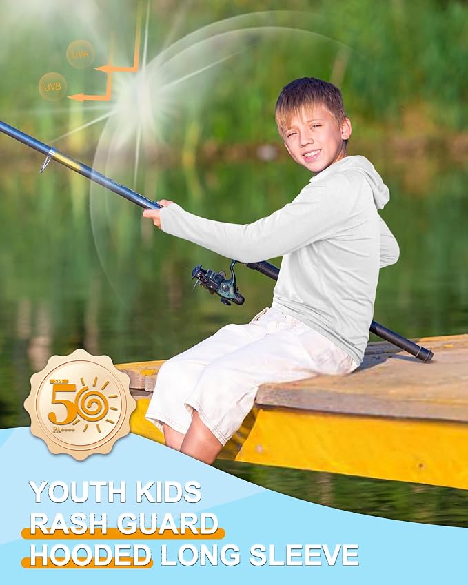 Roadbox Boys Rash Guard Hooded Fishing Shirt, Kids UPF 50+ Long Sleeve Sun Hoodie, Youth UV Protection Beach Swim Shirts