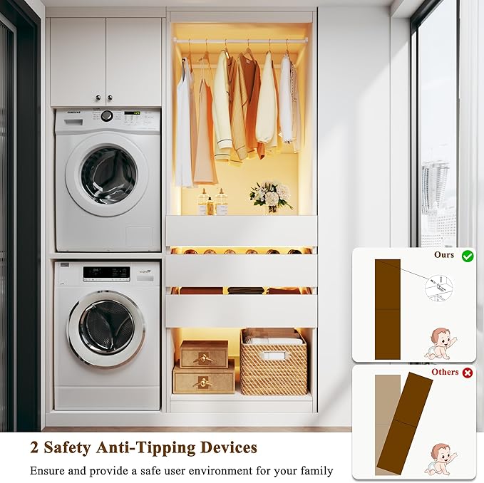 Freestanding Closet System Set of 4, 8FT Closet Organizer System with 12 Wood Drawers & Glasstop, 96" Closet Systems with Hanging Rod & LED Light, Large Walk-in Closet, White (96"L x 16" W x 80" H)