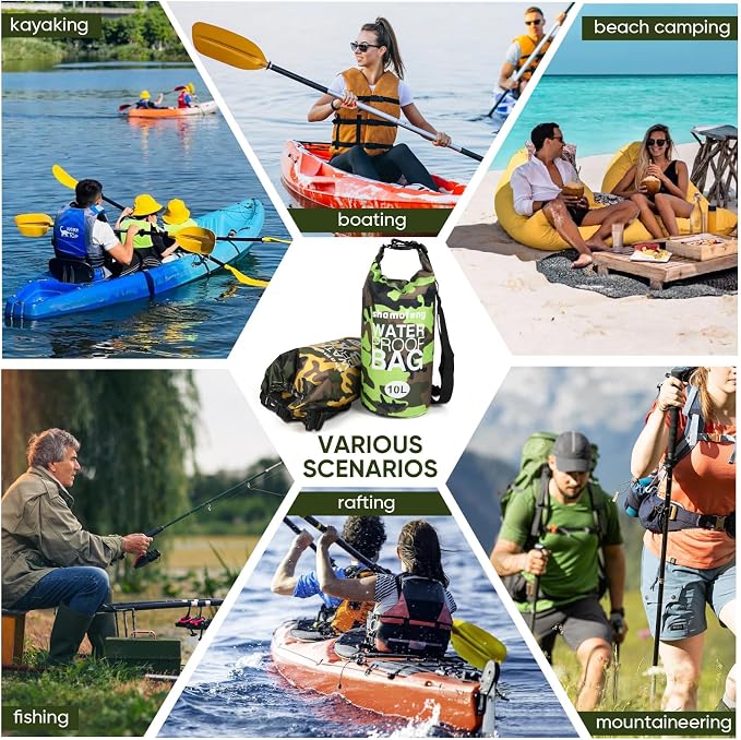 Waterproof Dry Bag 5L/10L/15L/20L/30L Roll Top Dry Storage Backpack with Phone Case, Collapsible Water Bottle, Sunglasses, Ear Band for Kayaking Boating Swimming Fishing Camping, Green 20L