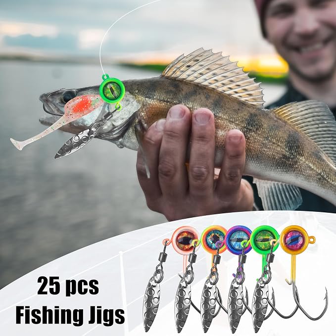 Crappie Jig Heads Fishing Lures Kit, 25pcs Underspin Jig Heads with Spinner Blade Eye Ball Head Painted Crappie Lures Fishing Jigs for Bass, Trout, Panfish, Sunfish