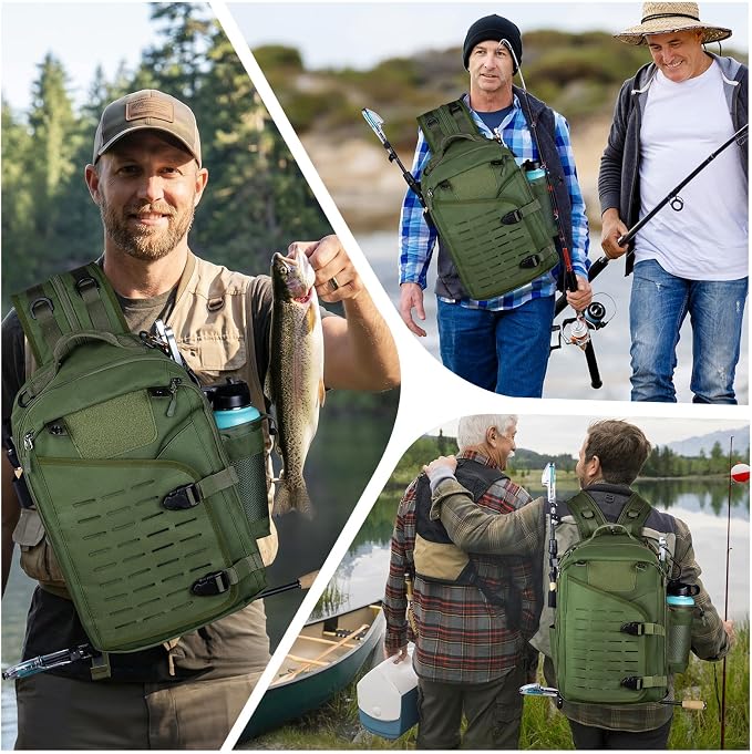 Goture Green Tackle Bag with 3600 Trays, Rod Holder 900D Fishing Tackle Storage Bag for Kayak, Shore Fishing