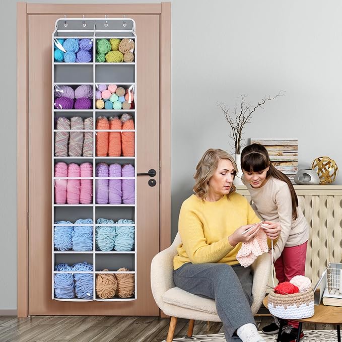 Univivi Over Door Hanging Yarn Storage Organizer, 6 Tiers Hanging Yarn Knitting Organizer with 12 Mesh Side Pockets for Crochet Accessories, Knitting Needles and Yarn Balls