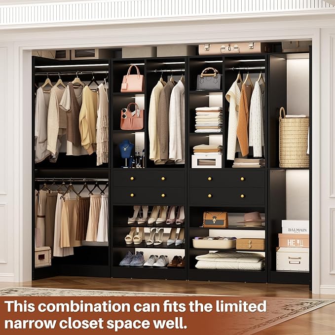 Closet System with 4 Drawers & Corner Tower, Closet Organizer System with 4 Hanging Robs, Reversible U Shaped Walk-in Closet System, Load 2600+LBS Capacity, Set of 4, Black