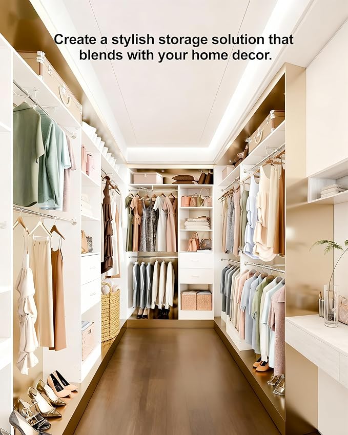 5-8FT Walk-in Closet Organizer System with 2 Wood Drawers, 4 Adjustable Hanging Rods, Wardrobe Storage Organizer with Valet Rod Duty Freestanding Garment Rack for Bedroom, Laundry, White