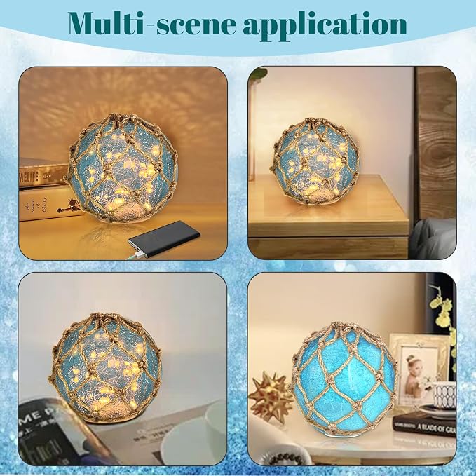 5.91" Blue Glass Fishing Float Night Light,Cracked Glass Ball, Battery Powered Nautical Coastal Decor Beach Bathroom Decor (Blue)