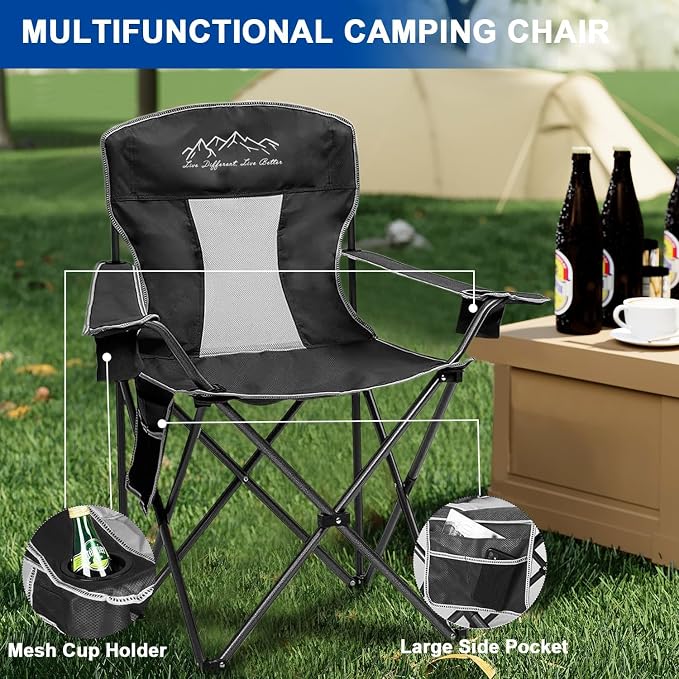2PCS Collapsible Folding Camping Chairs Heavy Duty Lawn Foldable Chair with Cooler Bag, Storage Pocket, Waterproof Bag Outdoor Arm Sport Chair, Supports 325LBS, Black