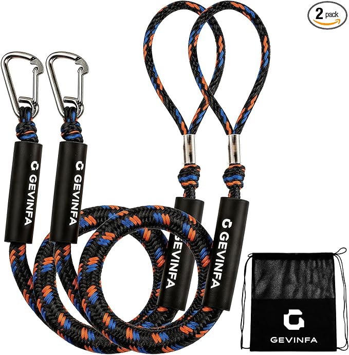 Bungee Dock Lines for Boats 4.3 Ft Stretch to 5.6 Ft, 2 Pack Marine Grade Bungee Cords with 316 SS Clips and EVA Floating Sleeve for Jet Ski Kayak Pontoon Boat Accessories (Black+Orange+Blue)