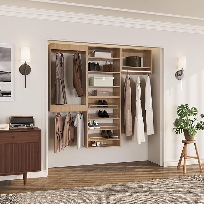 ROOMTEC Modular Closet System, 78" Wall Mounted Modern Closet Organizer with Hanging Rods and Shoe Shelf, Wooden Tower for Walk-In Closets, Wardrobe Storage Kit, Wood