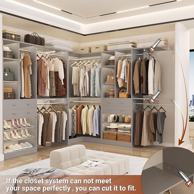 Closet System (Set of 3) with 4 Drawers, 8 Hanging Robs, 91.5"/151" Closet Organizer System with Corner Tower, Reversible Walk-in Closet System Corner Closet System, Morandi Grey