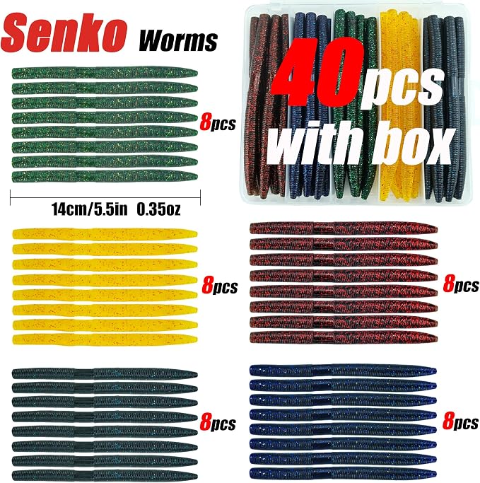 Wacky Worm Bass Lures Kit: 40PCS 5" Senko Worms with Storage Box | Slow-Sink Fishing Baits for Freshwater Saltwater
