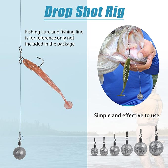 Drop Shot Fishing Weights Sinker,15pcs Round Dropshot Weights Bass Casting Ball Sinkers with Swivels Fishing Sinkers Weight for Saltwater Freshwater Bass Catfish