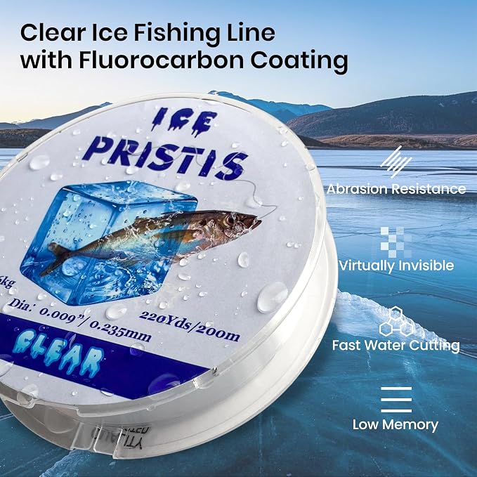 Pristis Fluorocarbon Coated Ice Fishing Line, 220 Yds Clear Abrasion Resistant Copolymer High Strength Nylon Line with Spool, Superior No Freezing Low Memory Premium Quality for Saltwater Freshwater