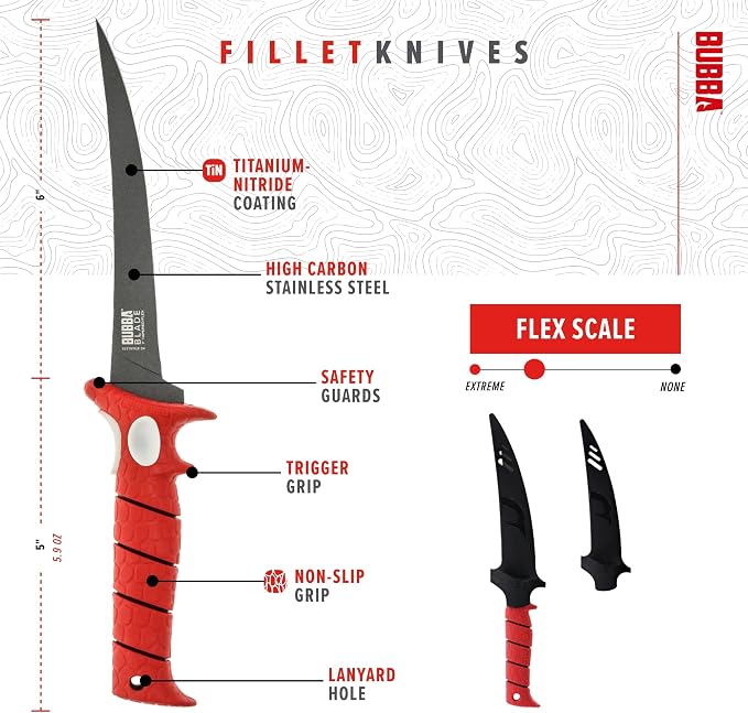BUBBA 9 Inch Tapered Flex Fillet Knife with Non-Slip Grip Handle, Full Tang High Carbon Stainless Steel Titanium Coated Non-Stick Blade, Lanyard Hole and Synthetic Sheath for Fishing