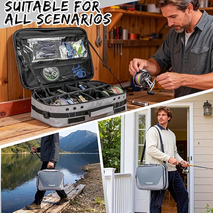 THKFISH Waterproof Fishing Reel Case and Fishing Line Storage Bag with Removable Shockproof Compartments Holds more than 12 Reels or 24 Spools