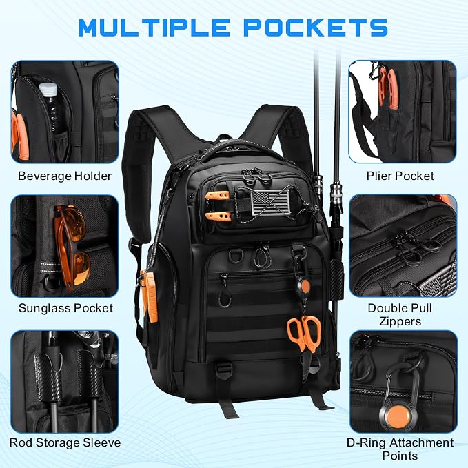 50L Fishing Tackle Backpack with Removable Lure Wraps,Include (4) 3600 Tackle Boxes, 2 Rod Holders Storage Fishing Gear and Equipment