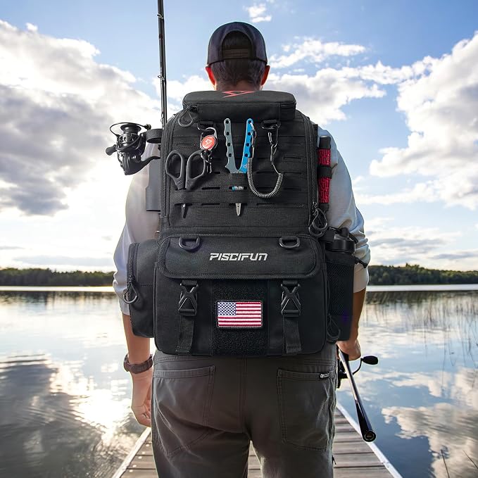 Piscifun 52L Fishing Tackle Backpack with Rod Holders & 4 Tackle Boxes, Large Tackle Bag for Gear Storage with Rain Cover