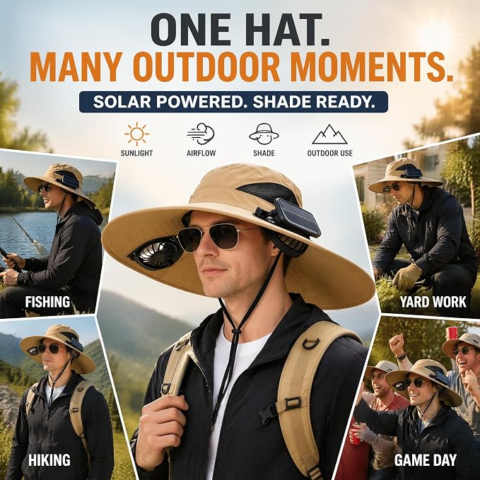 Solar Fan Fishing Hat 2 Fans – UPF 50+ UV Protection, Adjustable Bucket Hat for Outdoor