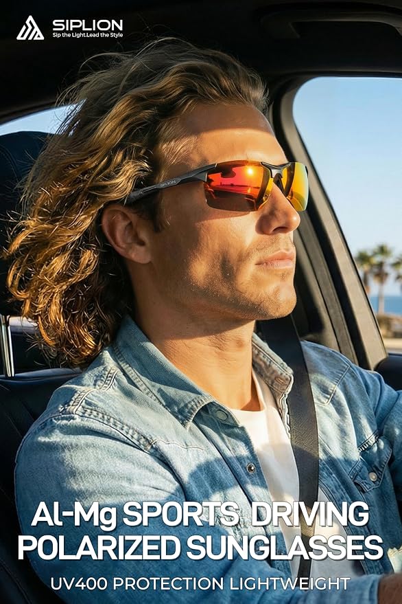 SIPLION Polarized Sunglasses Men Sports: UV Protection Ultra Light Al-Mg Metal Frame Ideal For Driving Fishing Running Golf