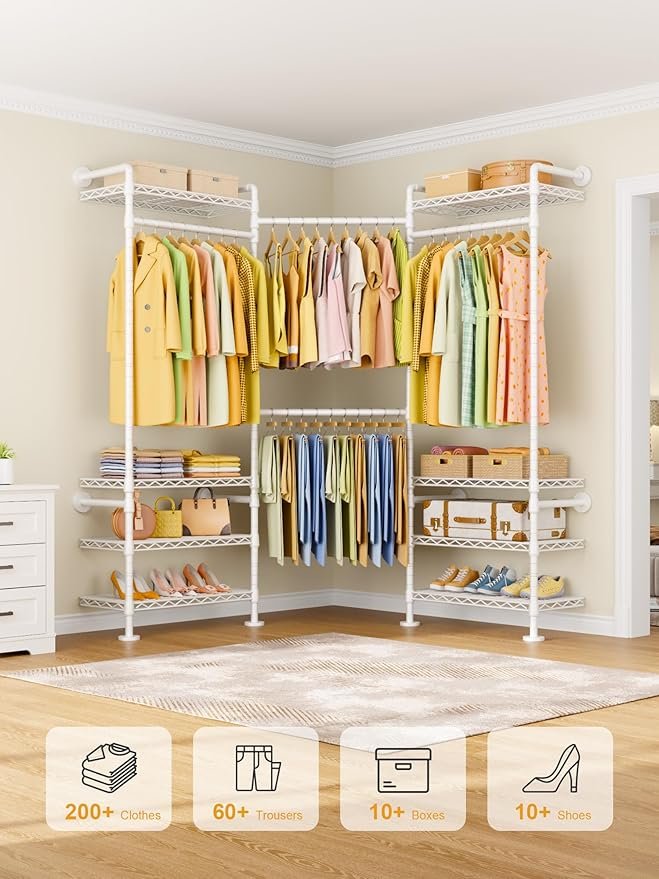 M6 Clothes Rack for Wall Mounted, Heavy Duty Closet Wardrobe System with 8 Shelves and 4 Hanger Rods, 68.5" W x 11.8" D x 86.6" H Clothing Storage Organizer for Holding 1064lbs, White