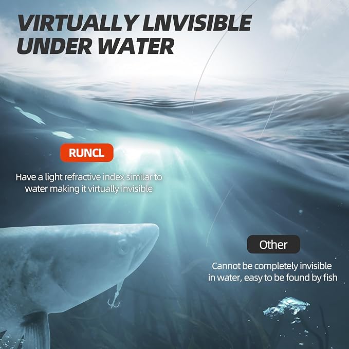 RUNCL 100% Pure Fluorocarbon Fishing Line, RC60 Clear Fluorocarbon Leader Line, Virtually Invisible with Added Sensitivity, High Strength, Abrasion - Resistant, Fast - Sinking, 4-50lb, 50-150yds