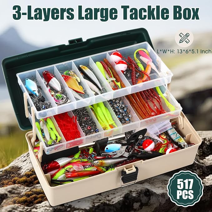 517 Pcs Father's Day Large 3 Layers Tackle Box with Tackle Fishing Lures Kit Included Pliers, Fish Lip Gripper, Crankbait, Hooks, Other Accessories Fishing Kit for Men Gifts(Dark Green Milky White)