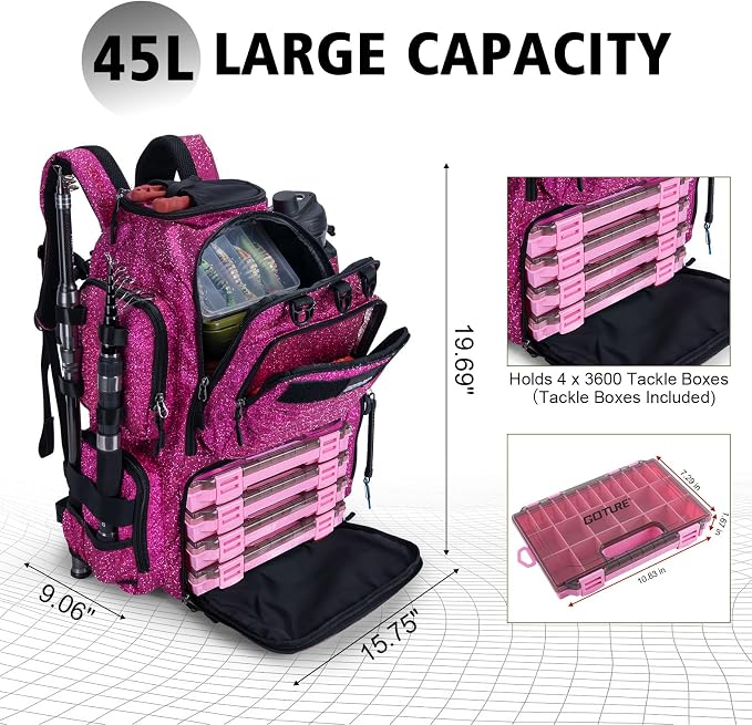 Goture Fishing Backpack with 4 Tackle Boxes,900D Water-Resistant Tackle Backpack with Rod Holders,45L Large Fishing Bag Storage Gear Tackle Bag with Rain Cover,Bottle Holder for Travel Camping Hiking