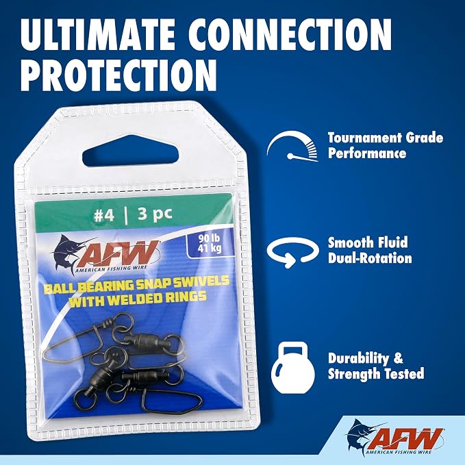 AFW Solid Brass Ball Bearing Snap Swivels with Welded Rings - Black Finish, Up to 450 lb Test Capacity, Patented Bullet Shaped Head for Reduced Water Resistance, Fluid Rotation