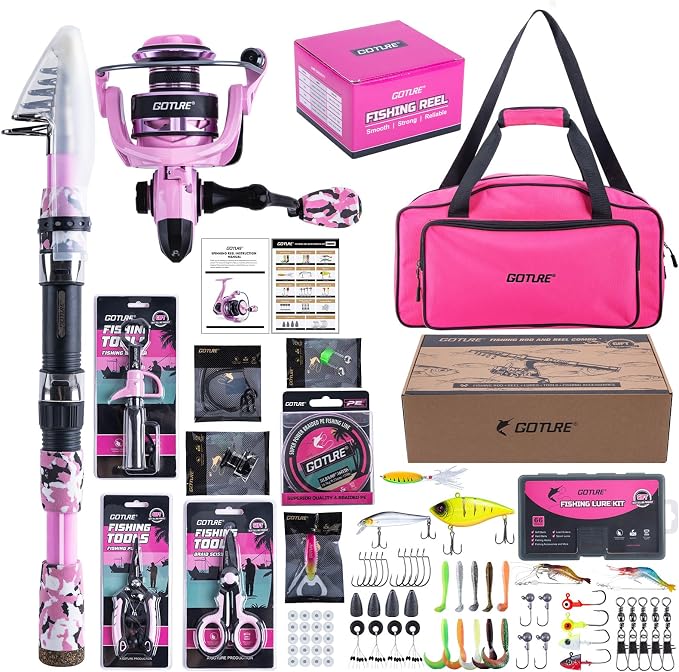 Goture Pink Fishing Rod and Reel Combo - ML Action Spinning Reel Pole with Pink Bag - Telescopic Rod Kit for Starter Travel Saltwater Freshwater, Gift for Woman
