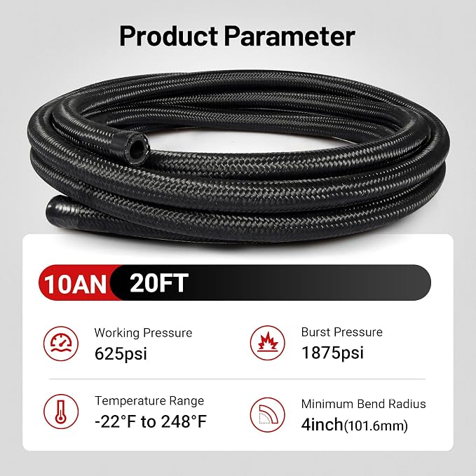 EVIL ENERGY 10AN Fuel Line Kit, 10AN Nylon Braided Fuel Line Hose Fitting Kit CPE 20FT Black