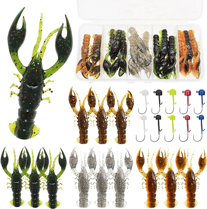 Soft Plastic Crawfish Lures Kit with Jig Heads, 25pcs/60pcs Creature Baits Fishing Lure Set for Bass Trout Pike Freshwater Fishing