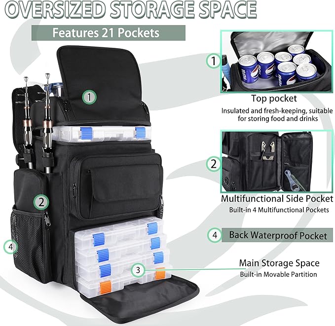 Fishing Backpack with 4 Tackle Boxes, 45L Large Tackle Backpack for Fishing,Camping,Hiking,Black