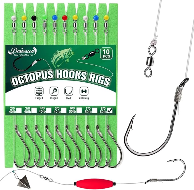 Dovesun 10PCS Pre-Rigged Catfish Rig Circle/Octopus Hooks Rigs for Catfish Offset Circle Fishing Hooks for Saltwater Freshwater 2/0 3/0 4/0 5/0 6/0 7/0 8/0 10/0
