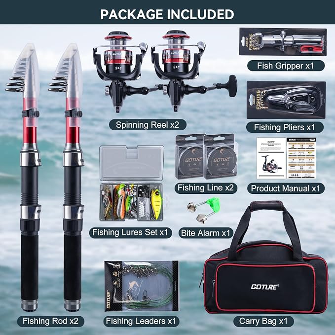 Goture Fishing Rod and Reel Combos-2PCS Telescopic Fishing Pole+2PCS Spinning Reels with Carrier Bag,1.8M-2.7M Telescopic Rod Reel Kit for Starter Travel Saltwater Freshwater,Gifts for Men