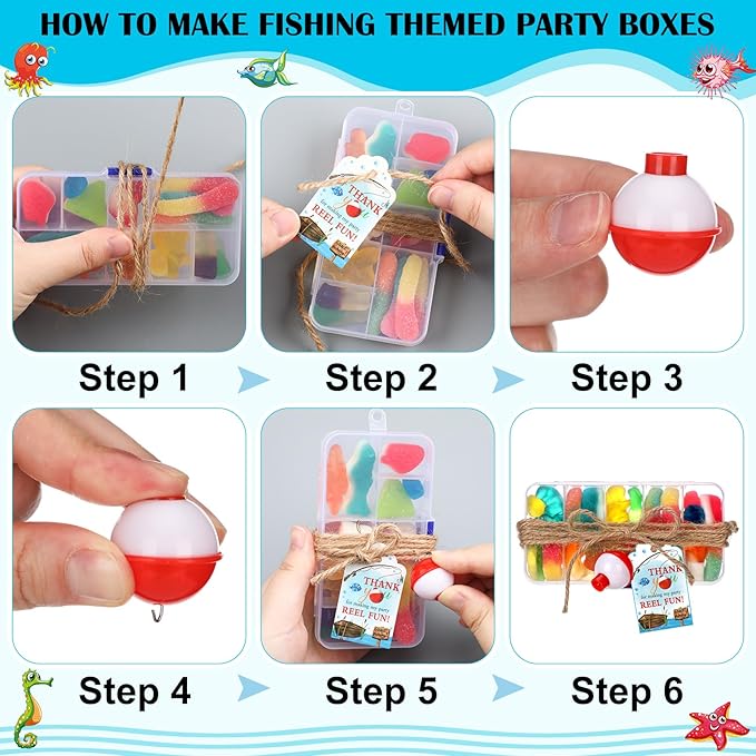 Wonderjune 12 Sets Fishing Party Favors Candy Little Tackle Boxes with Red White Floater Thank You Cards for Making My Reel Fishing Theme Party Decorations