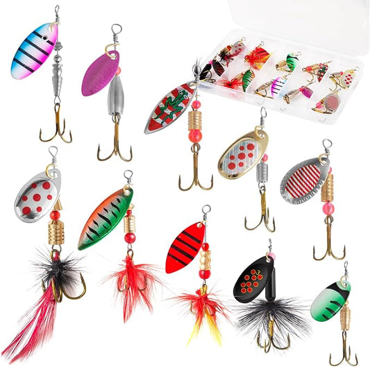10PCS Spinner Baits with Tackle Box, Rooster Tail Fishing Lures with Flash Spoon, Trout Lures, Freshwater and Saltwater Spinnerbait for Trout Bass Walleye Crappie Salmon Pike, Swim or Jig