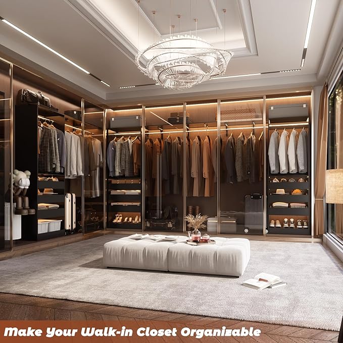 60" Wide x 80" Tall Closet System with 3 Half-Open Wooden Drawers, 5FT Closet Organizer System with 2 Hanging Rods & Removable Tower, Freestanding Wardrobe Organizer for Walk-in Bedroom, Black