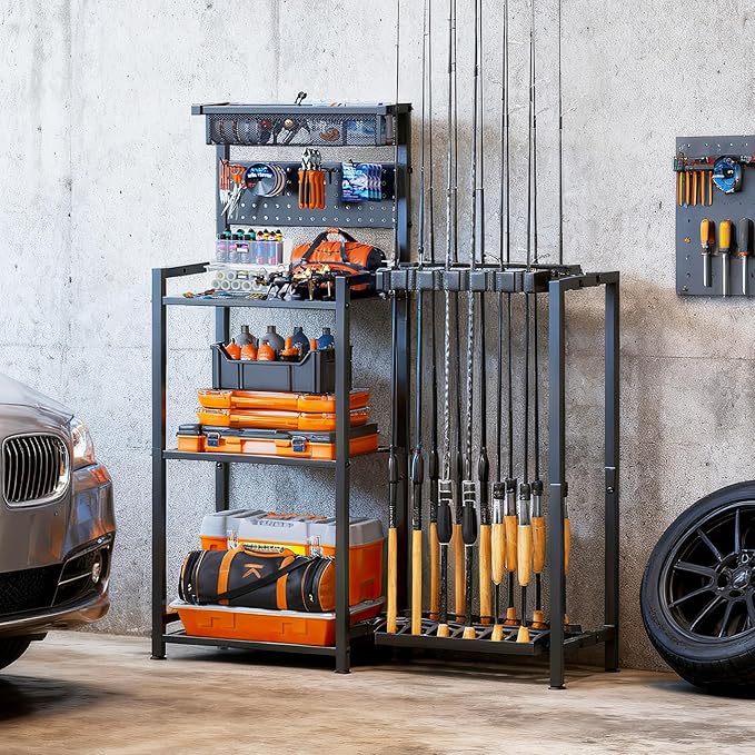 Fishing Rod Holders for Garage, Fishing Pole Holder with 3 Tier shelf, Heavy Duty Fishing Pole Rack with Pegboard & Basket, Fishing Rod Rack Hold up to 12 Fishing Rods, Ideal Fishing Gifts, Black