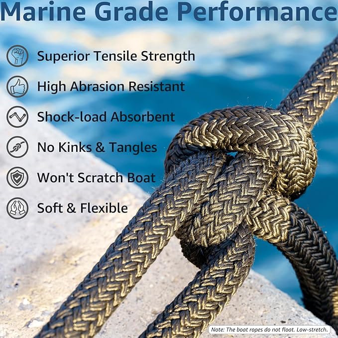 Boat Dock Lines 2 Pack 3/8" x 25' Double Braided Nylon Boat Ropes for Docking with 12" Loop, Marine Grade High Strength Boat Lines, Premium Marine Rope Mooring Lines, Easy Handling, Black