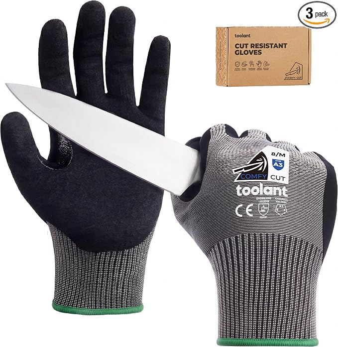 toolant ComfyCut A3 Cut Resistant Work Gloves, ANSI & EN388 Certified Protection with Superior Comfort, Fiberglass-Free, Touchscreen & Flexible Grip, for Fishing, Gardening, DIY, Assembly, Large