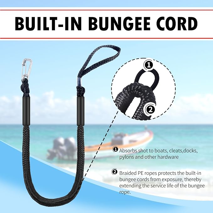 Boat Bungee Dock Lines – Adjustable Boat Tie Downs for Pontoon, Jet Ski, PWC, Kayak | Single Hook Small Cruiser Mooring Lines | (2, Black, 4 Feet)