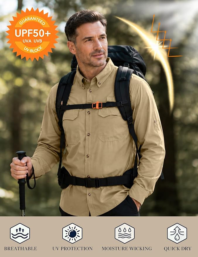 Roadbox Men's Sun Protection Fishing Shirt, Long Sleeve Cool Dry Lightweight UPF 50+ Shirts for Hiking Safari Camping Travel