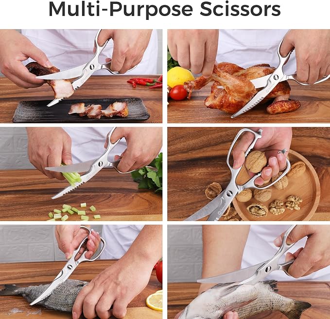 Sunnecko Heavy Duty Kitchen Scissors - Stainless Steel Kitchen Shears, Ultra Sharp Micro Serrated Poultry Shears, Cooking Scissors for Meat, 9 Inch Curved Blades