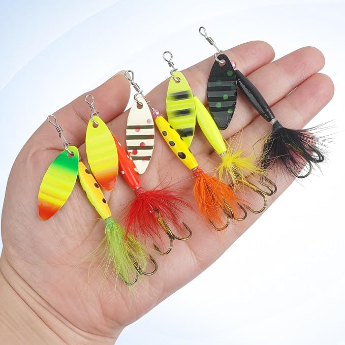 Spinner Baits Bass Lures Rooster Feather Tail Fishing Lures Trout Lures Hard Metal Inline Spinnerbaits for Bass Trout Pike Walleye Salmon with Tackle Box