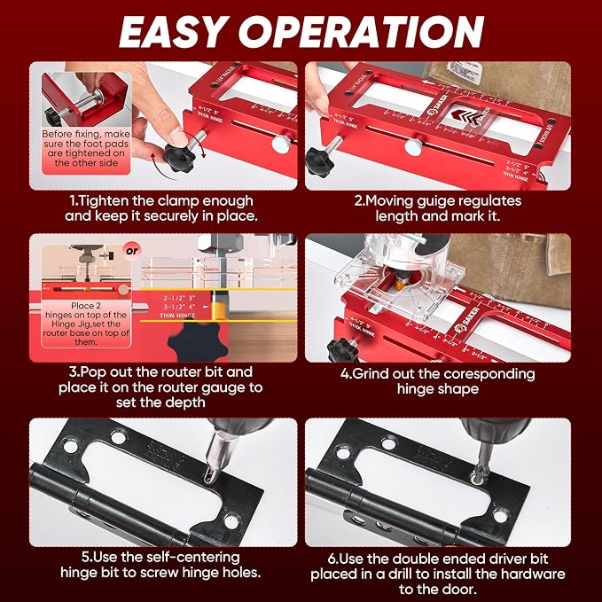 Saker Door Hinge Jig and Deep Hole Pencil Set,Aluminum Alloy Doors Hinges Router Jig,Adjustable Doors Jamb Hinge Jigs,Fits Door Hinges from 2.5" to 5" Length and Thicknesses,Radius 1/4” or Radius 5/8”
